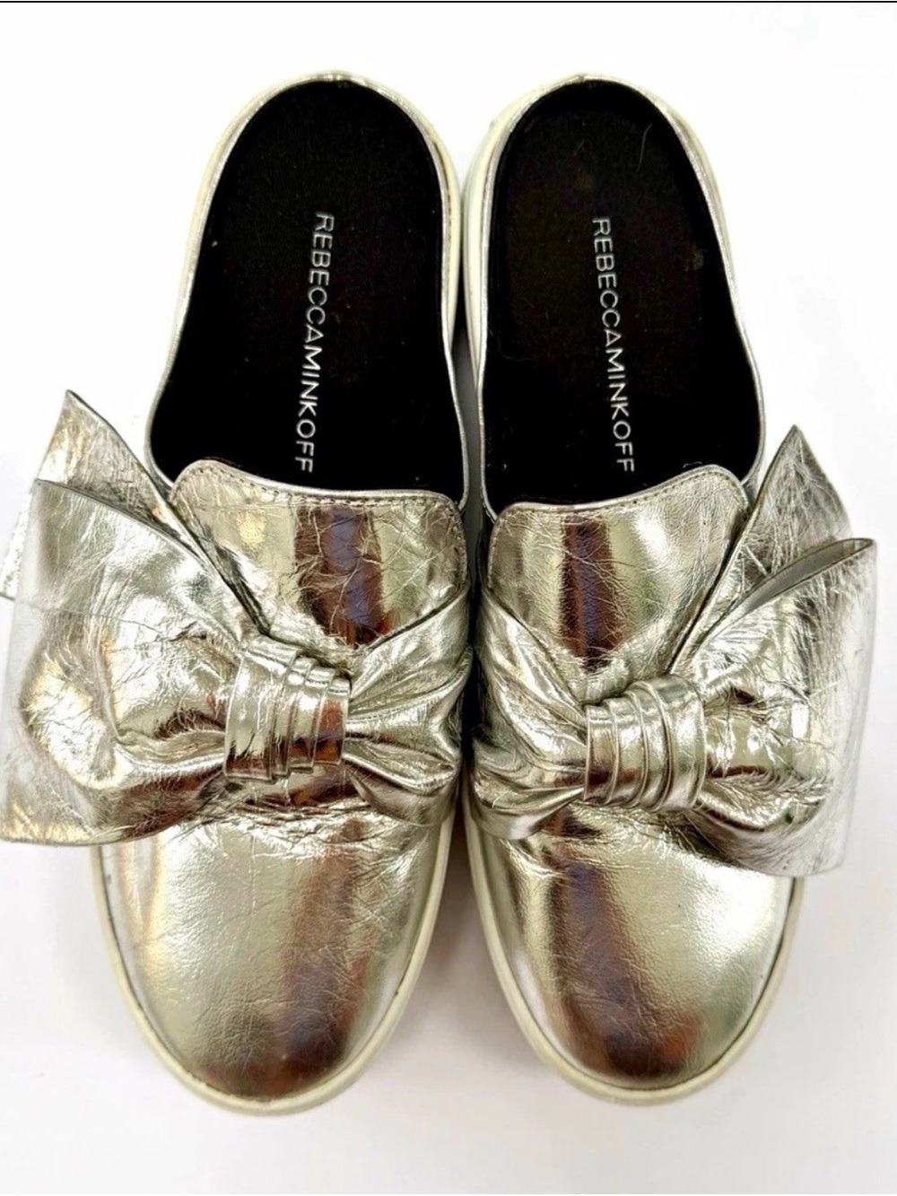 Rebecca Minkoff Metallic Silver Bow Mules Size 7